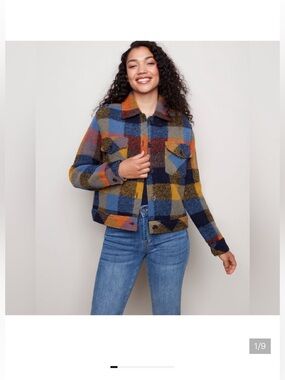 House of Harlow Women's Plaid Crop Button Front Shirt Jacket Navy Yellow Size XS